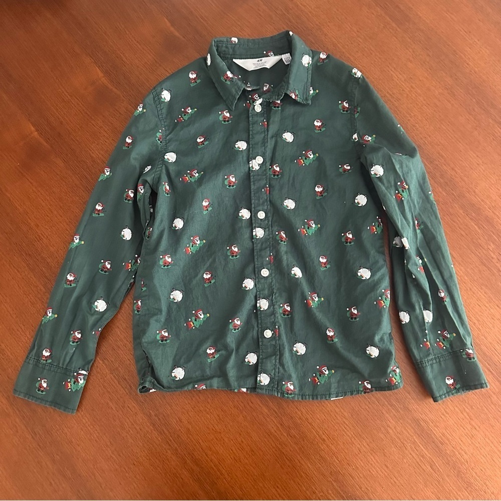 H&M Boys Santa Christmas Holiday Green Button Down Dress Shirt Size 7 Kids - Picture 1 of 6